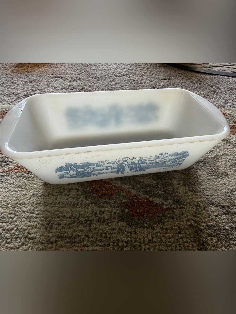 Vintage Glasbake Currier And Ives Baking Dish J-522 Loaf Pan Blue Farm Scene